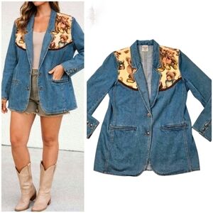 Vintage Teddy Bear Blazer Size Medium Large Tapestry Blue Denim Jacket Pockets